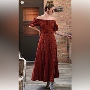 Anthropologie Rust Maxi Dress with Black Polka Dots